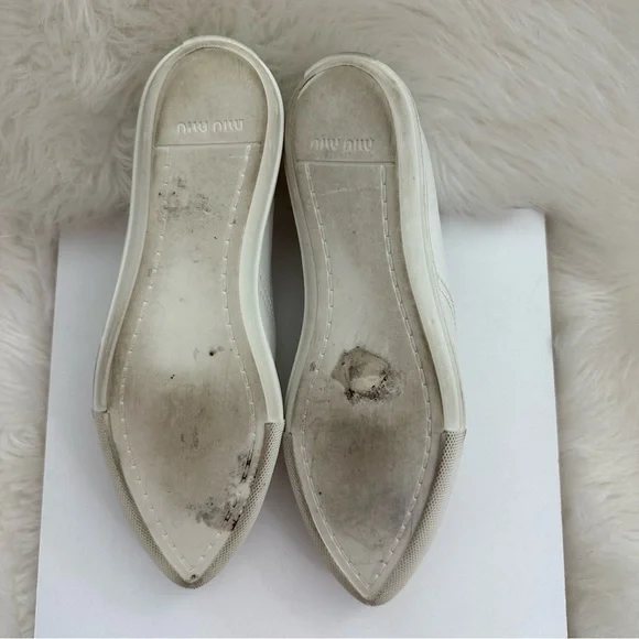 Miu Miu Leather Metal Pointed Toe Slip on Sneakers 8.5 White - Silver - Picture 6 of 6